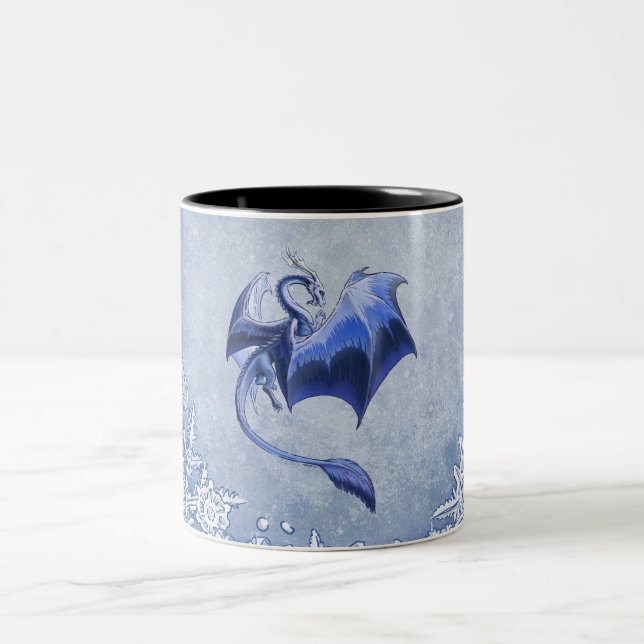 Blue Winter Dragon Fantasy Nature Art Two-Tone Coffee Mug (Center)