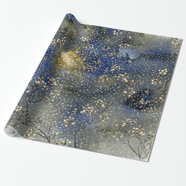Blue Winter Dusk Sky Gold Berries & Snowfall Wrapping Paper (Unrolled)