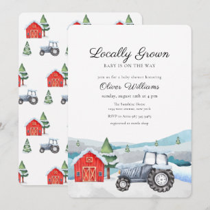 Blue Winter Farmer Barnyard Tractor Baby Shower Invitation