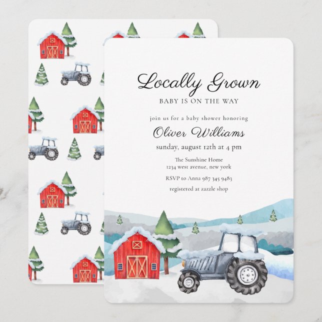Blue Winter Farmer Barnyard Tractor Baby Shower Invitation (Front/Back)