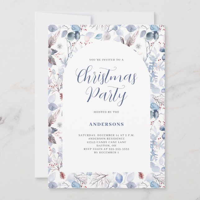 Blue Winter Floral Christmas Party  Invitation (Front)