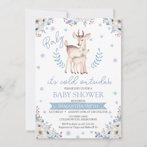 Blue Winter Floral Deer Cold Outside Baby Shower  Invitation