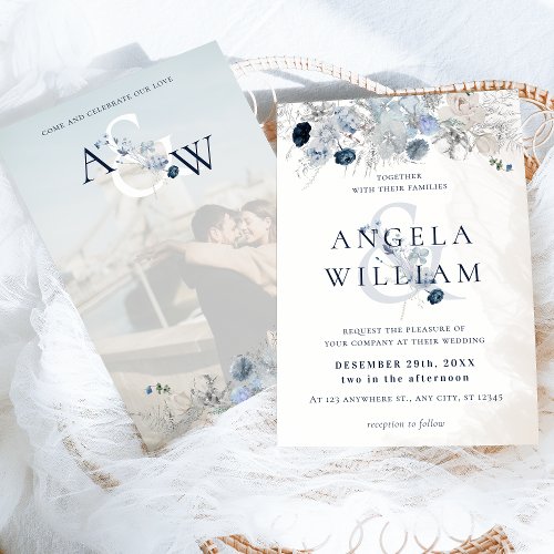 Blue Winter Floral Elegant Wedding Invitation