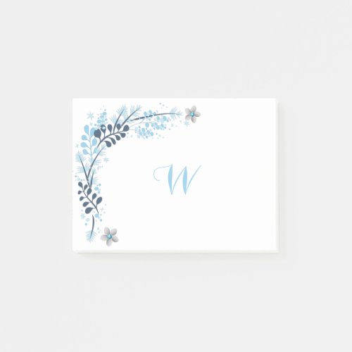 Blue Winter Floral Monogram Post_it Notes