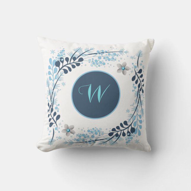 Blue Winter Floral Monogram Throw Pillow (Front)
