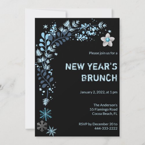 Blue Winter Floral New Years Brunch Invitation