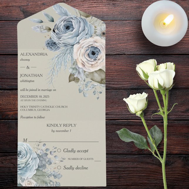 Blue Winter Floral on Green All In One Invitation (Also available with QR code. )