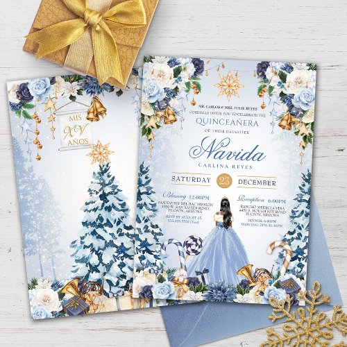 Blue Winter Floral Snow Princess Holiday Quince Invitation