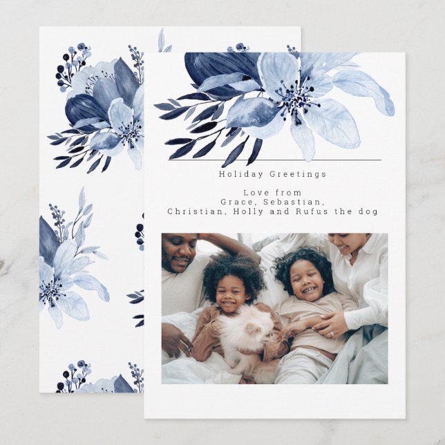 Blue Winter Flower Bloom Photo Personalized Card (Front/Back)