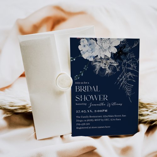 Blue Winter Flower Watercolor Bridal Shower Invitation