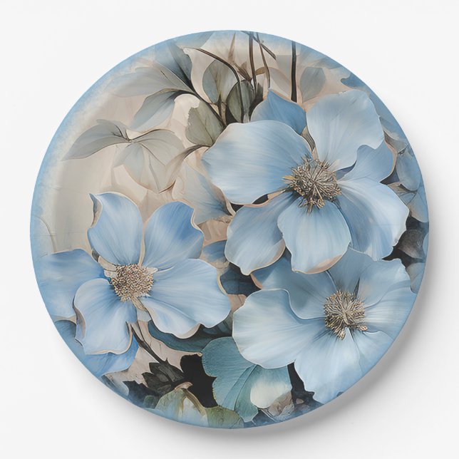 Blue Winter Flowers Paper Plates (Front)