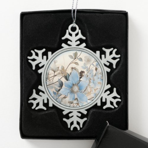 Blue Winter Flowers  Snowflake Pewter Christmas Ornament