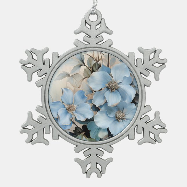 Blue Winter Flowers Snowflake Pewter Christmas Ornament (Front)
