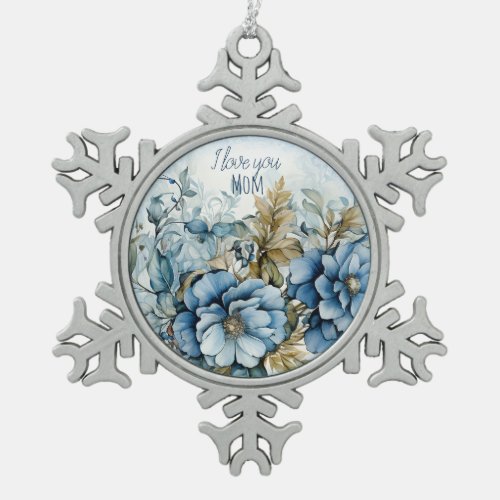 Blue Winter Flowers Snowflake Pewter Christmas Ornament