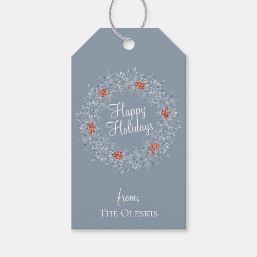 Blue Winter Foliage Wreath Personalized Gift Tags