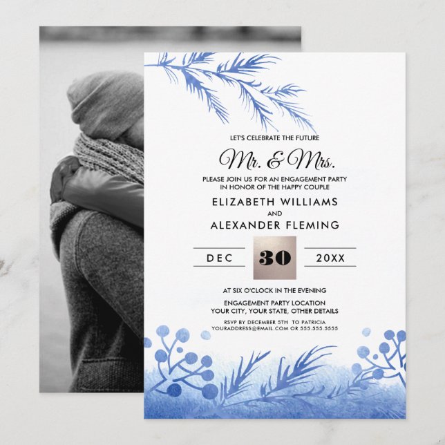 Blue Winter Forest Engagement Party Photo Invitation (Front/Back)