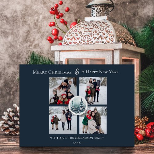 Blue Winter Forest Floral Photo Collage Holiday Card