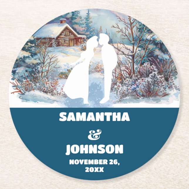 Blue Winter Forest Landscape Wedding Round Paper Coaster (Front)