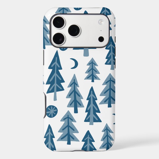 Blue Winter Forest Moon Stars Pattern Iphone Case (Back)