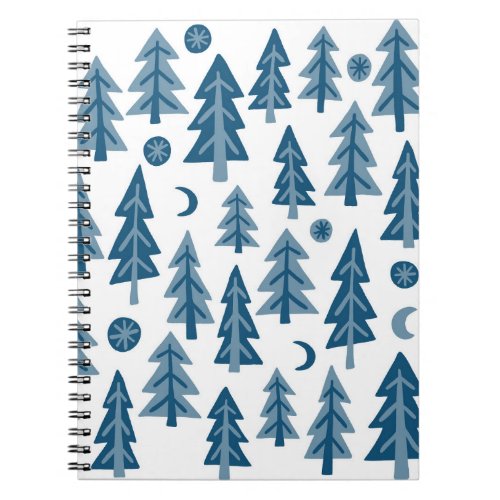 Blue Winter Forest Moon Stars Pattern Notebook