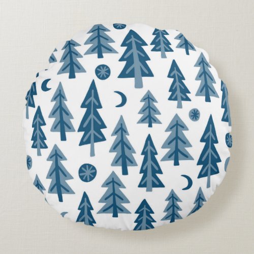 Blue Winter Forest Moon Stars Pattern Round Pillow