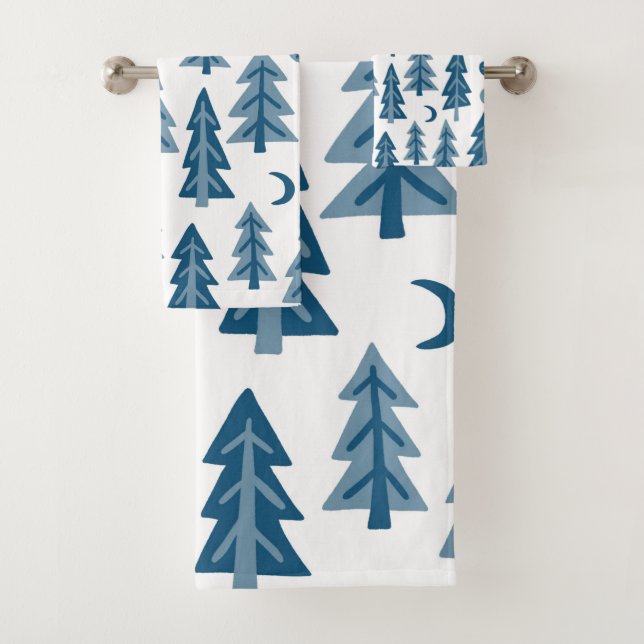 Blue Winter Forest Moon Stars Trees Bath Towel Set (Insitu)