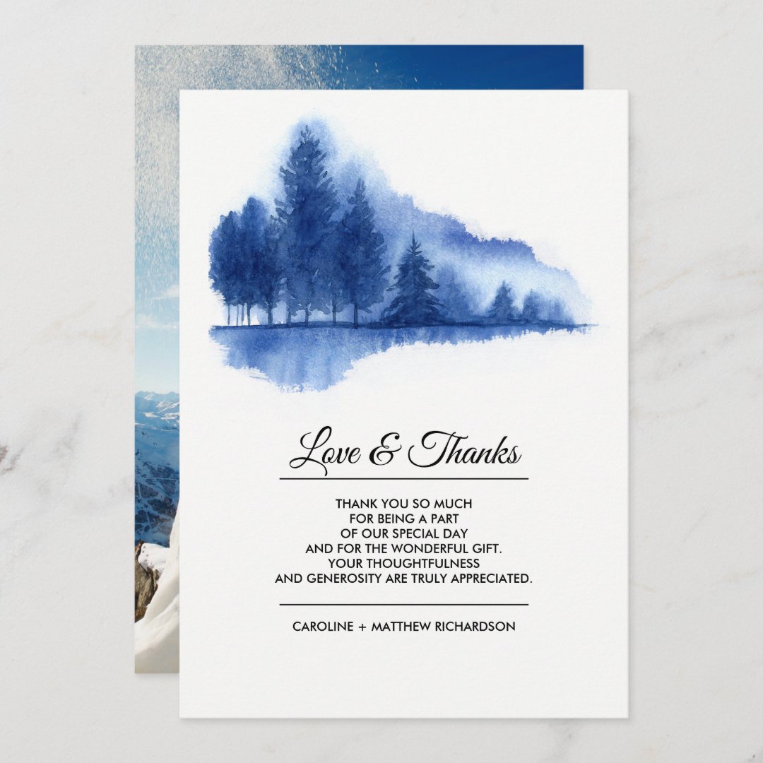 Blue Winter Forest Thank You Wedding Photo Cards | Zazzle