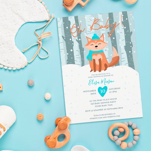 Blue winter fox snow illustration Oh baby shower Invitation