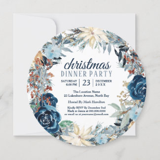 Blue Winter Frost Holiday Wreath Party Invitation