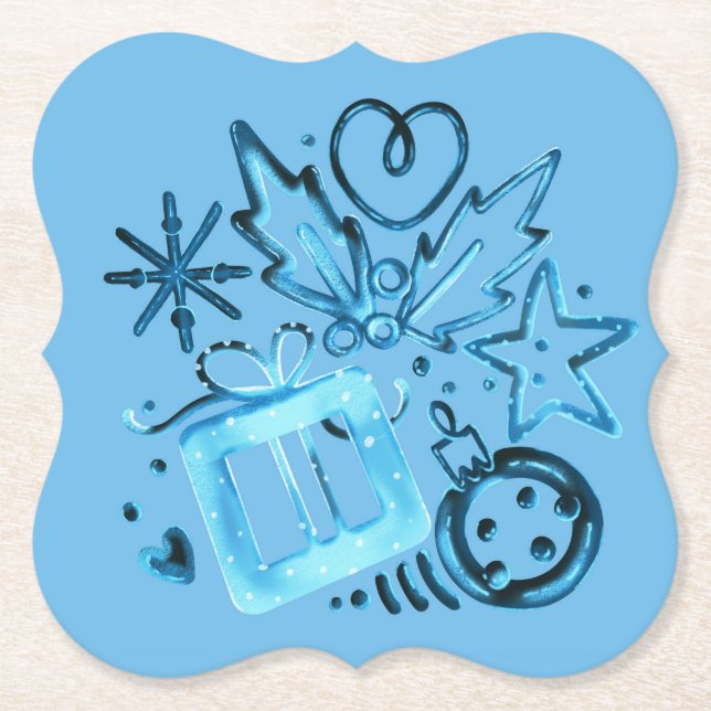 Blue Winter Gift & Holly Coasters, Christmas Party Paper Coaster (Front)