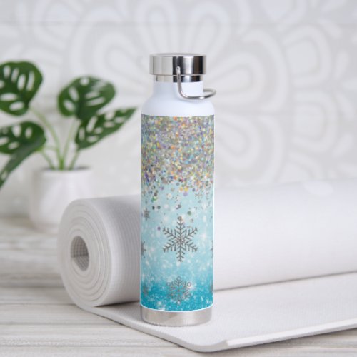 Blue Winter Glitter Snowflake Water Bottle