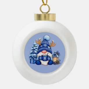 Blue Winter Gnome Christmas Ceramic Ball Christmas Ornament