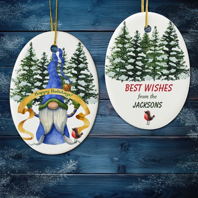 Blue Winter Gnome Holiday Wishes Ceramic Ornament (Creator Uploaded)