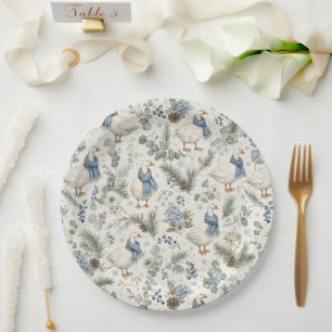 Blue Winter Goose Watercolor Christmas Holiday Paper Plates