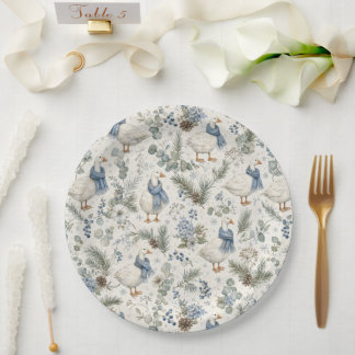 Blue Winter Goose Watercolor Christmas Holiday Paper Plates