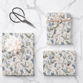 Blue Winter Goose Watercolor Christmas Holiday Wrapping Paper Sheets
