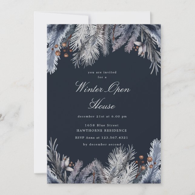 Blue Winter Greenery Winter Open House Invitation (Front)