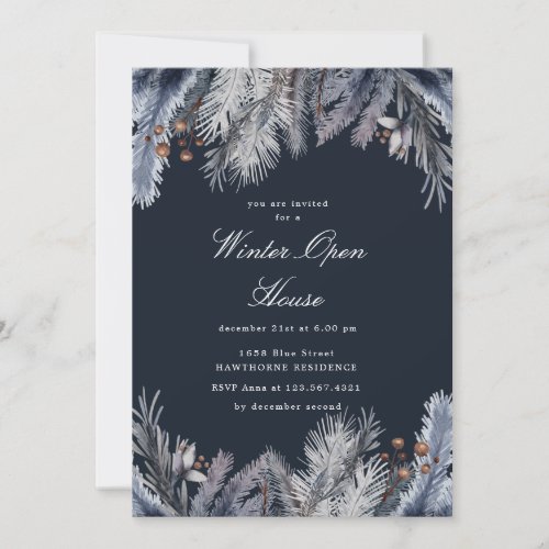 Blue Winter Greenery Winter Open House Invitation