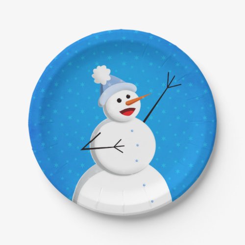 Blue Winter Happy Snowman Paper Plates