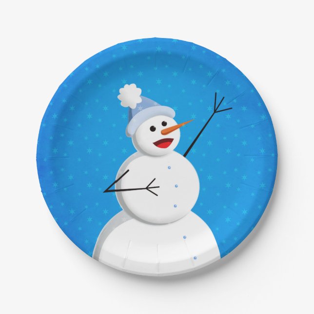 Blue Winter Happy Snowman Paper Plates (Front)