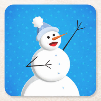 Blue Winter Happy Snowman Square Paper Coaster