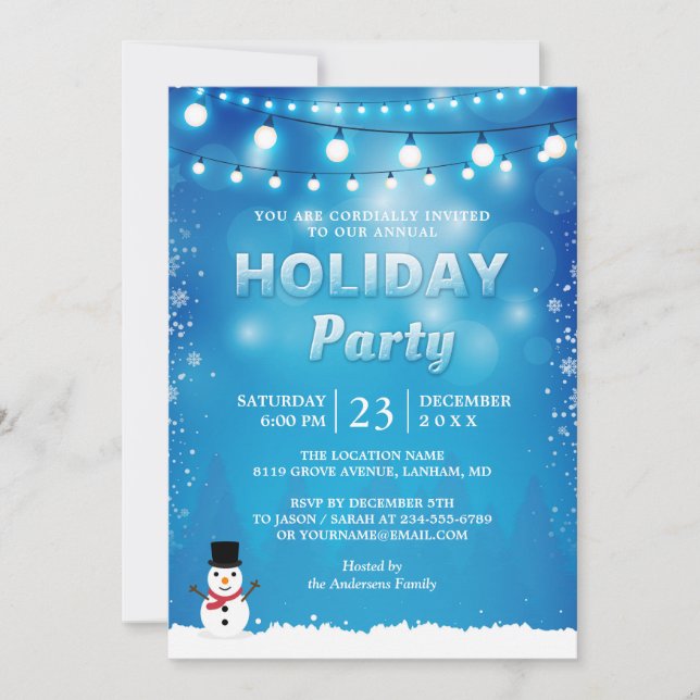 Blue Winter Holiday Party String Lights Snowflakes Invitation (Front)