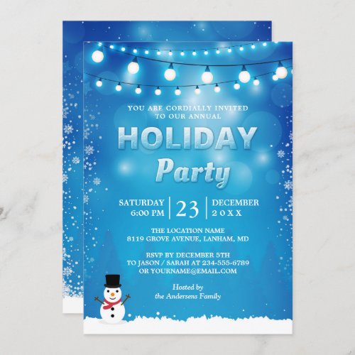 Blue Winter Holiday Party String Lights Snowflakes Invitation