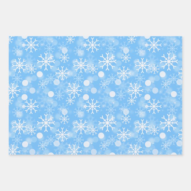 Blue Winter Holiday Snowflake Pattern Wrapping Paper Sheets (Front)