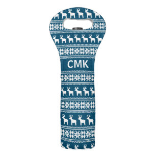 Blue Winter Holiday Snowflake Reindeer Monogram Wine Bag