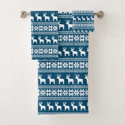 Blue Winter Holiday Snowflake Reindeer Pattern Bath Towel Set