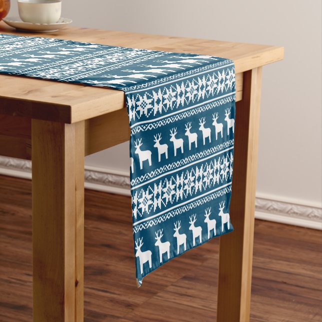Blue Winter Holiday Snowflake Reindeer Pattern Short Table Runner (In Situ)