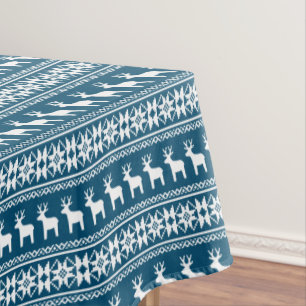Blue Winter Holiday Snowflake Reindeer Pattern Tablecloth
