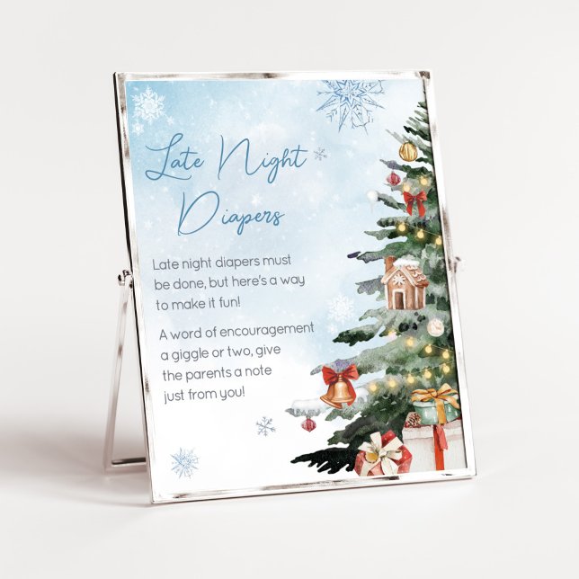 Blue Winter It's Cold Outside Late Night Diapers Poster (Baby It's Cold Outside Baby Shower Late Night Diapers Sign)