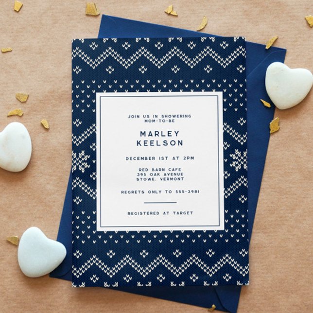 Blue Winter Knit Boy Christmas Baby Shower Invitation (Creator Uploaded)
